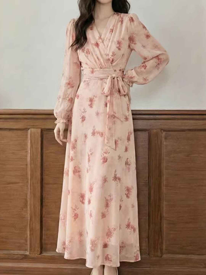 Lillian Elegant V-Neck Tie Chiffon Printed Dress