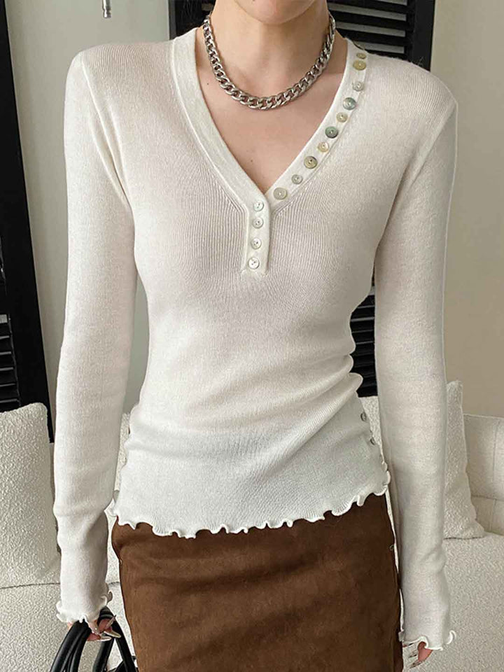Molly Slim V-Neck Auricular Knitted Top