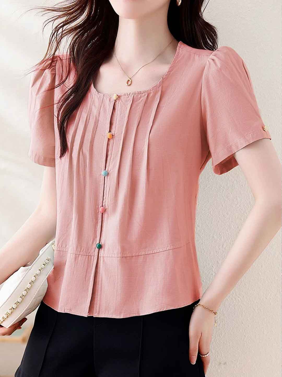 Hannah Retro Crew Neck Puff Sleeve Buttons Top