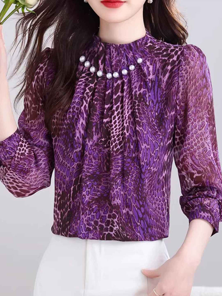 Avery Loose Stand Collar Beaded Printed Top