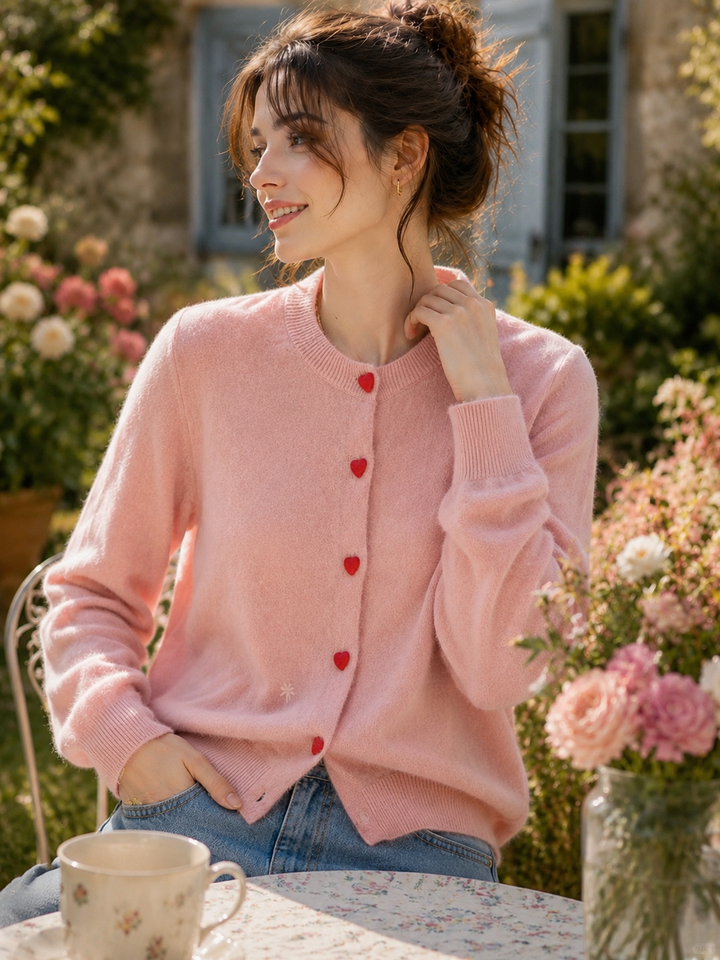 Raya Elegant Crew Neck Heart Button Knitted Cardigan-Pink