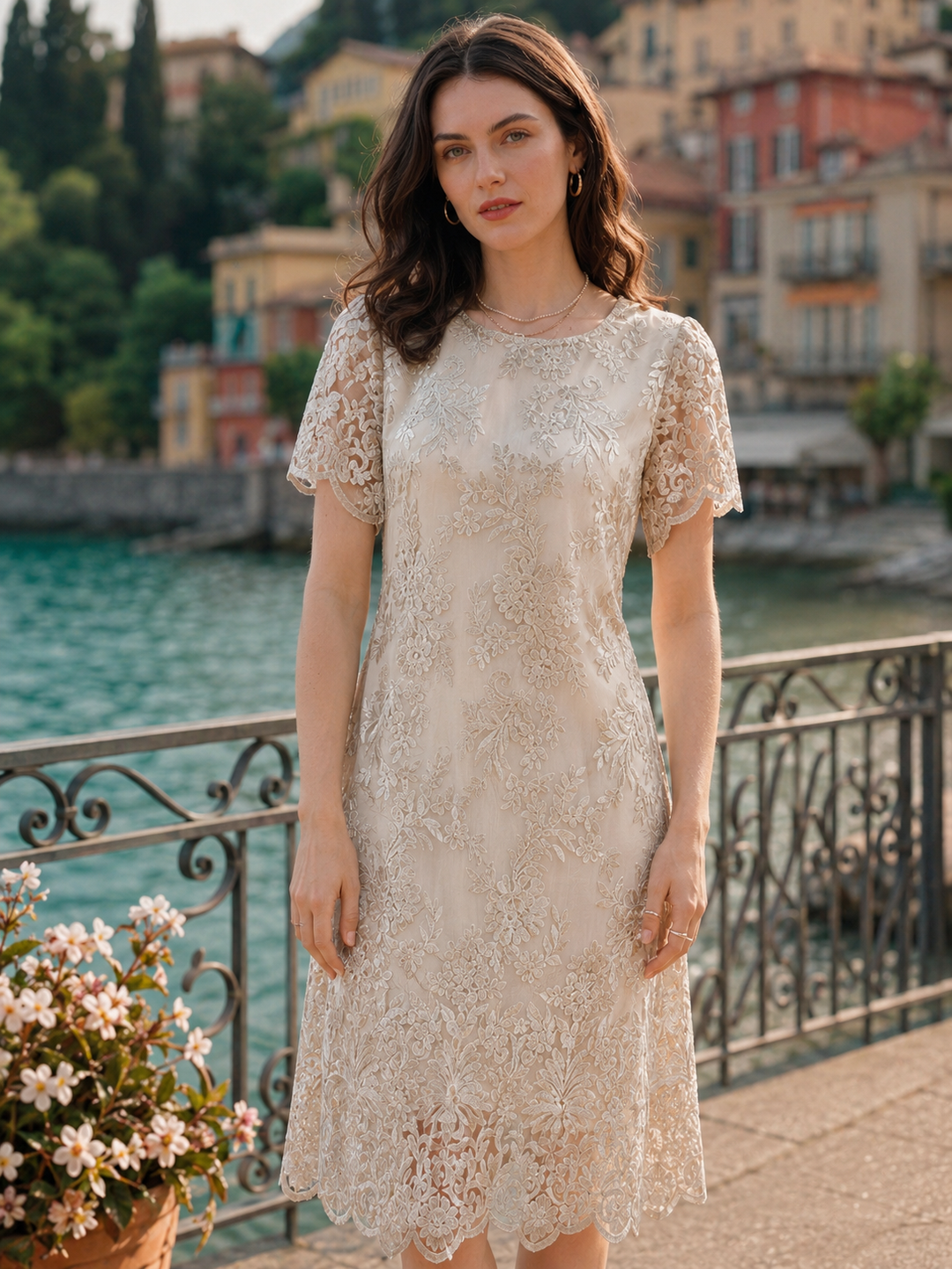 Emily Loose Crew Neck Embroidered Hollowed Dress