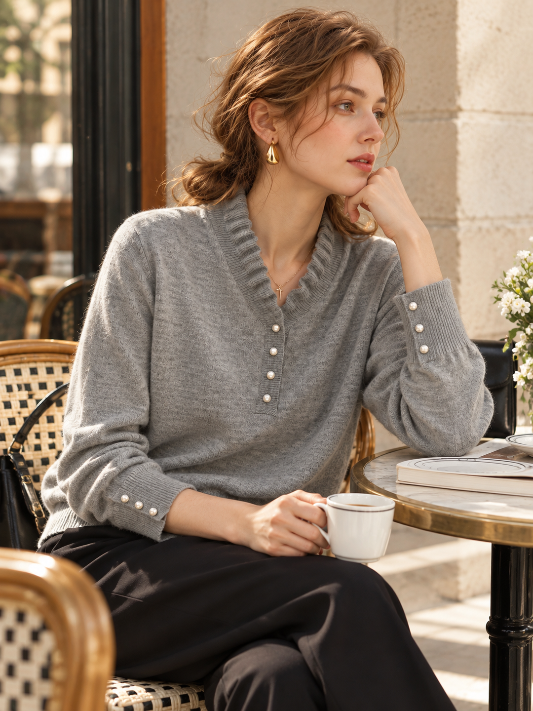 V-neck Beaded Knit Base Layer Top