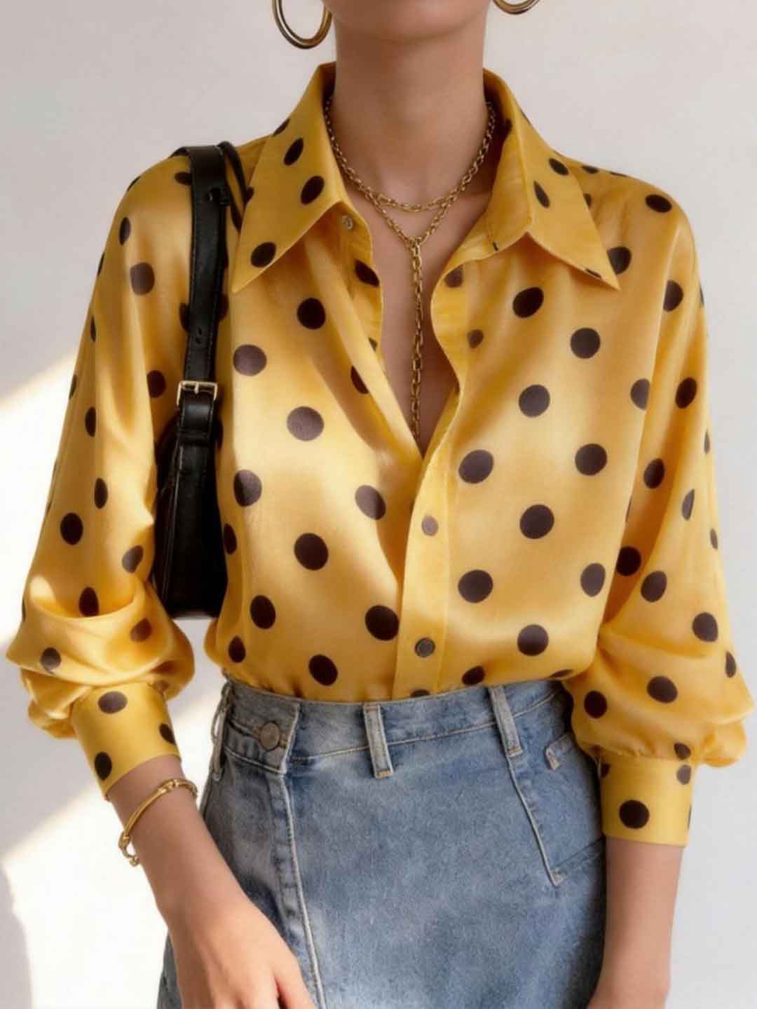 Mia Daily Lapel Polka Dot Printed Shirt