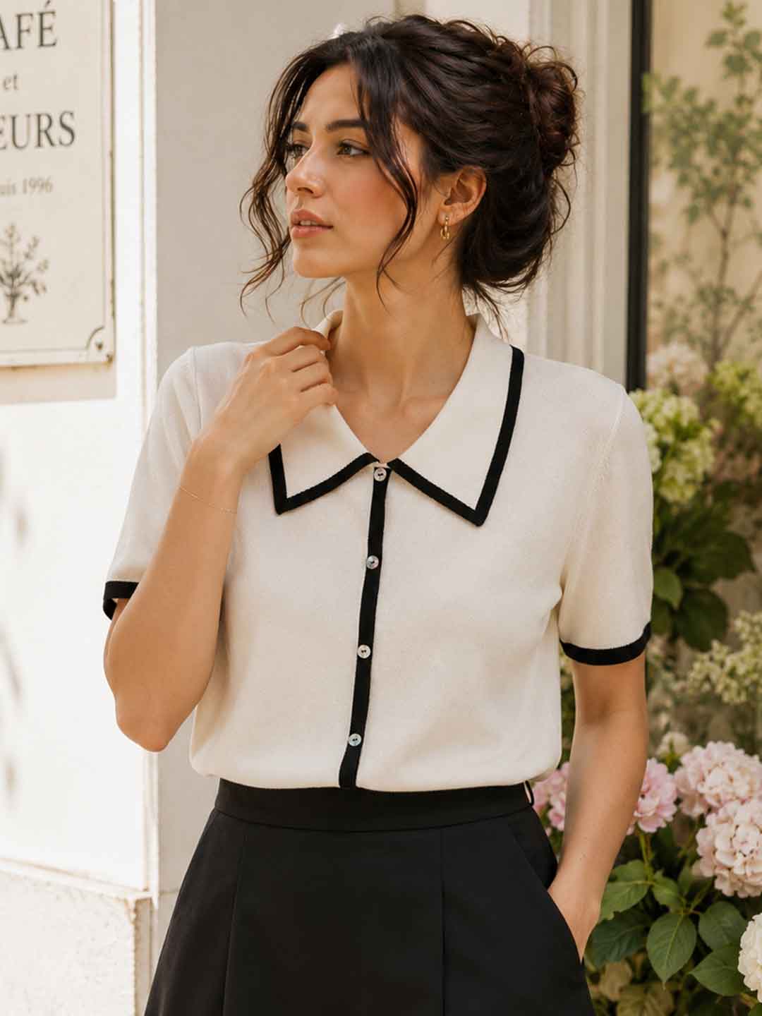 Ava Classic Contrast Lapel Knitted Top-White
