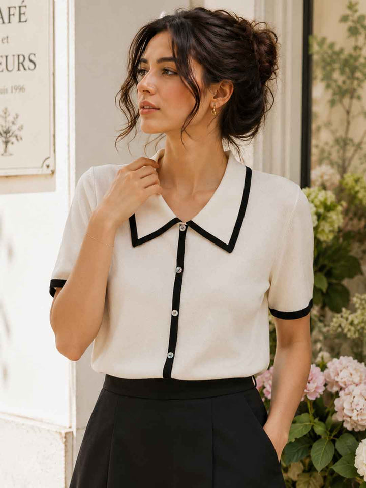 Ava Classic Contrast Lapel Knitted Top-White