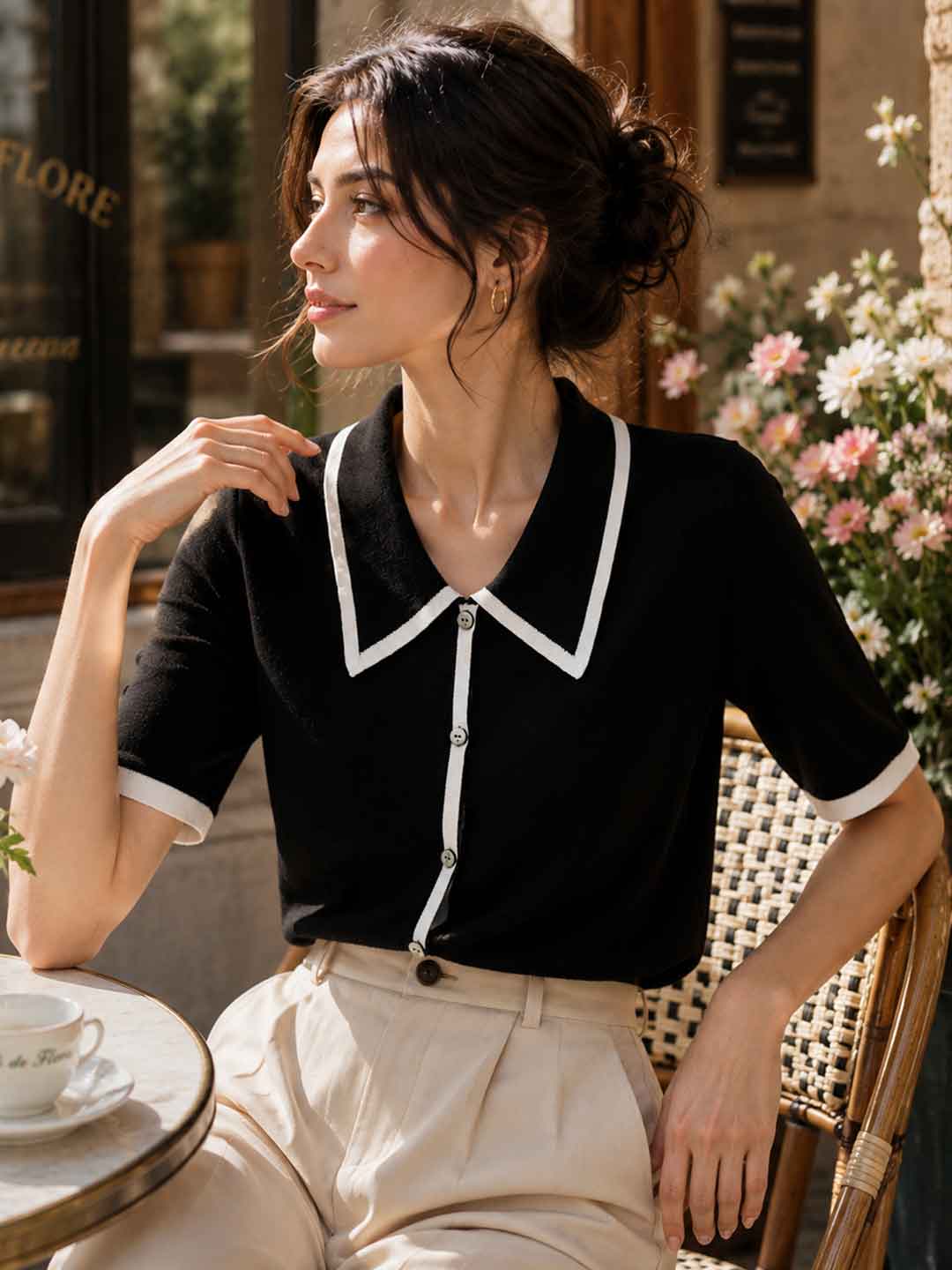 Ava Classic Contrast Lapel Knitted Top-White