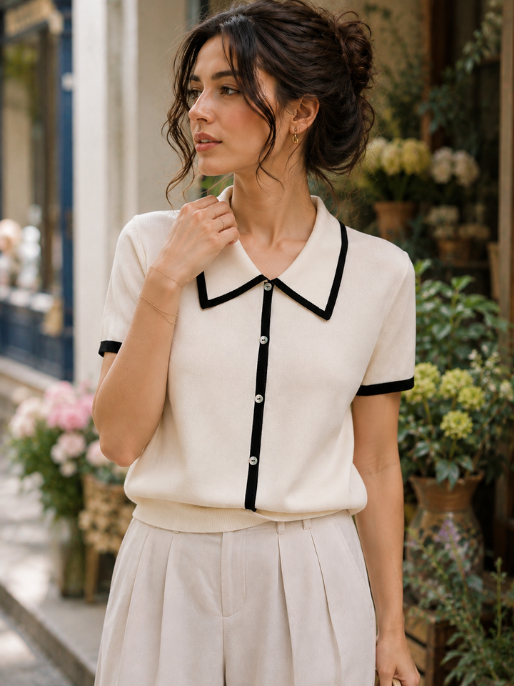 Ava Classic Contrast Lapel Knitted Top-White