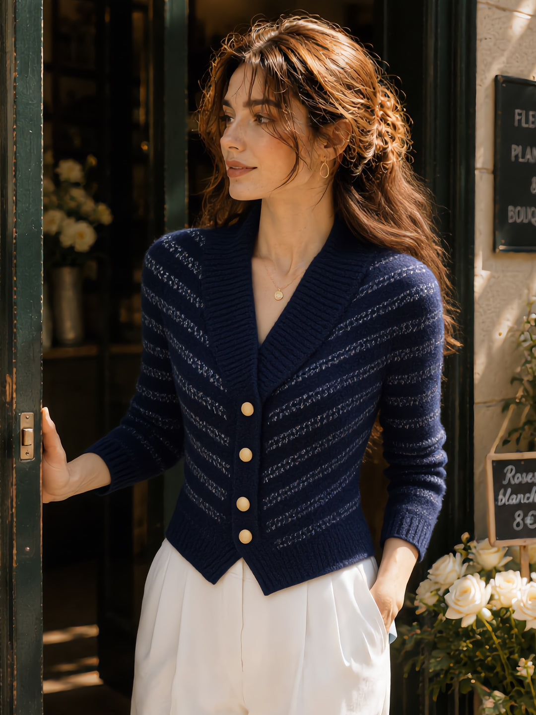 Sophia Slim V-Neck Striped Knitted Cardigan