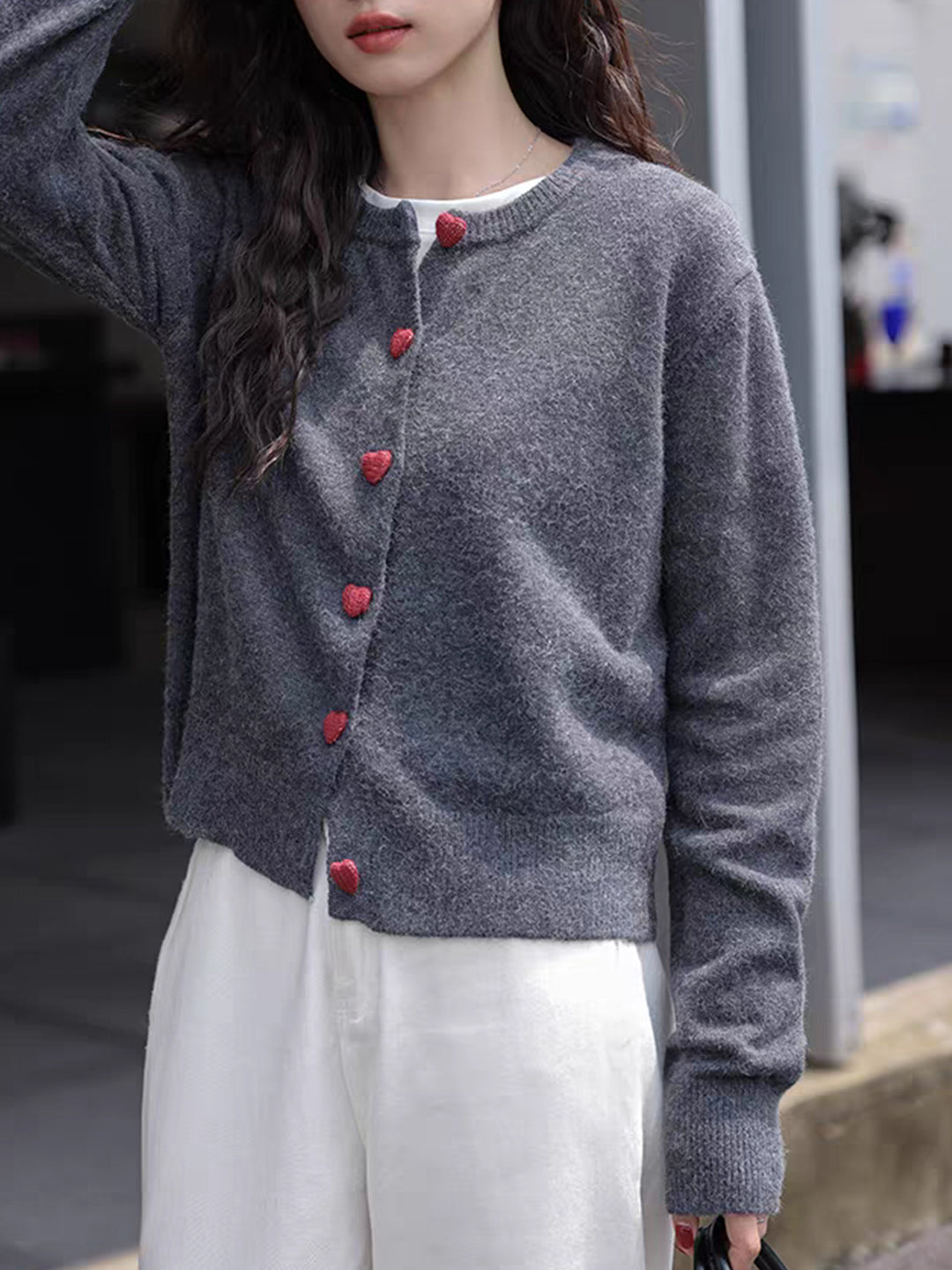 Raya Elegant Crew Neck Heart Button Knitted Cardigan-Pink