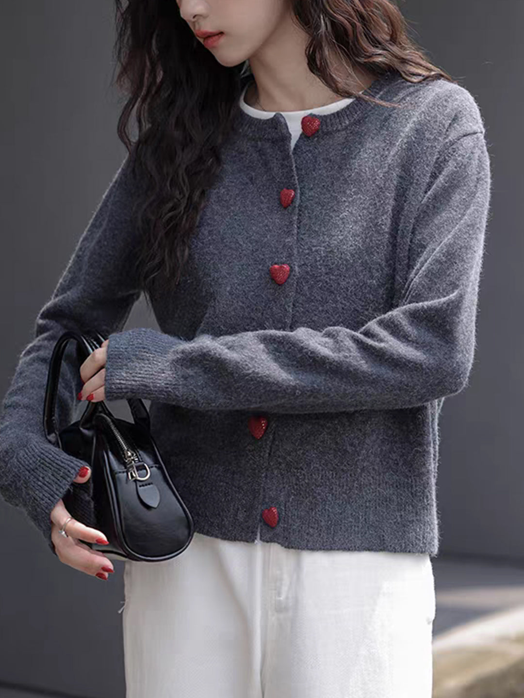 Raya Elegant Crew Neck Heart Button Knitted Cardigan-Pink