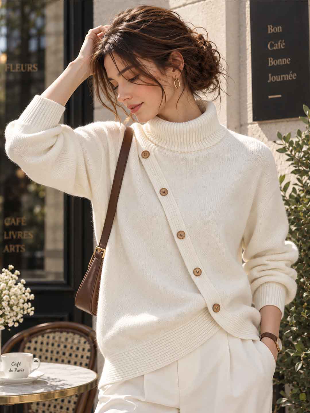 New High-neck Button-detail Sweater