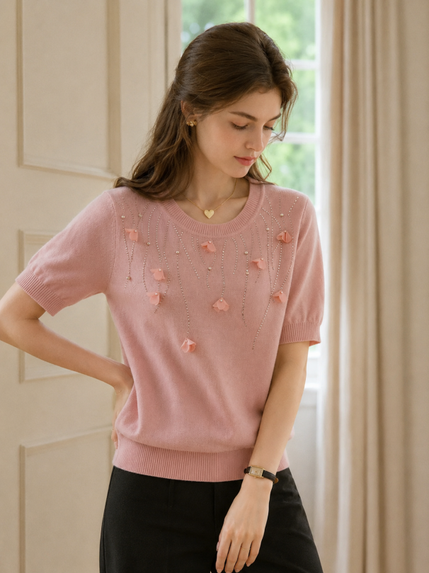 Maria Classic Crew Neck Rhinestone Flower Knitted Top