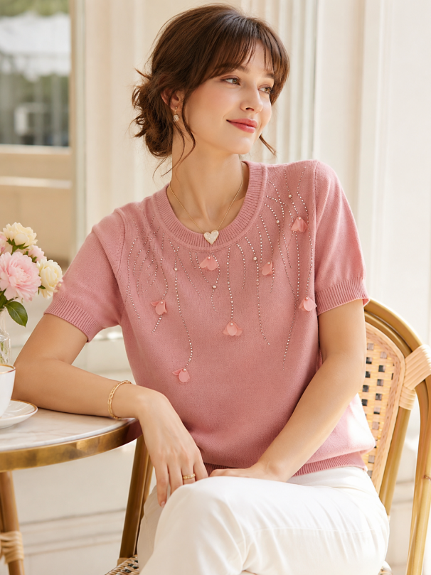 Maria Classic Crew Neck Rhinestone Flower Knitted Top