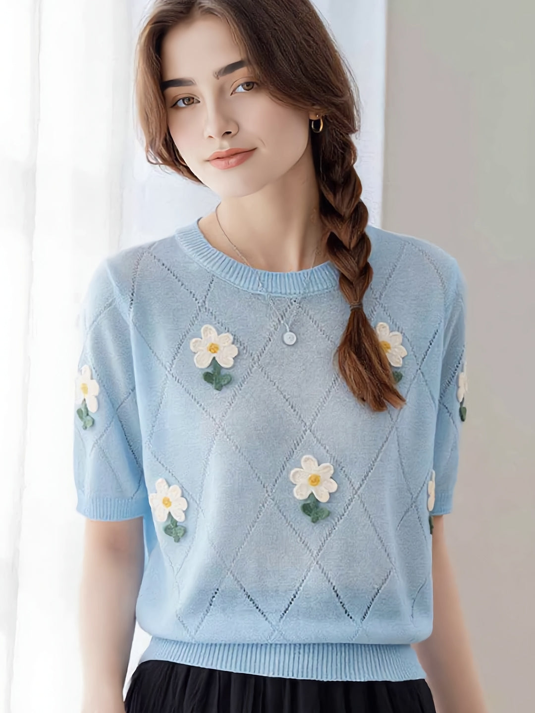 Emily Classic Crew Neck Hollowed Embroidered Knitted Top
