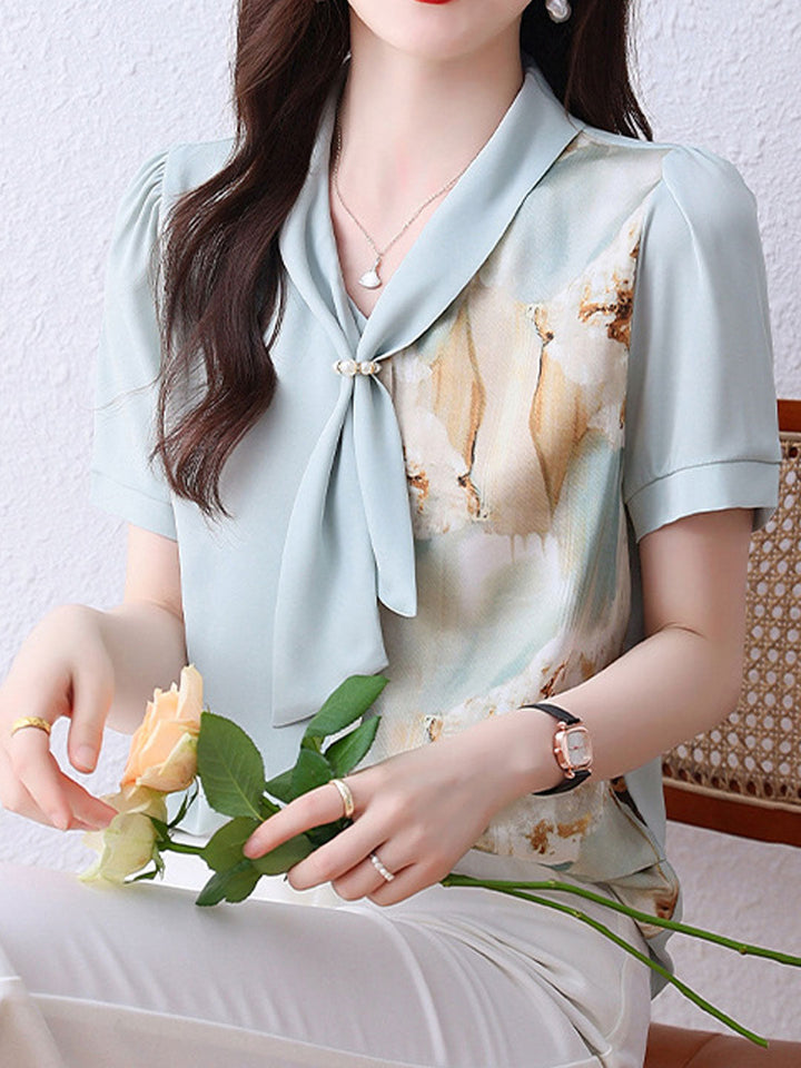 Sophia Daily Bow-Neck Printed Chiffon Top