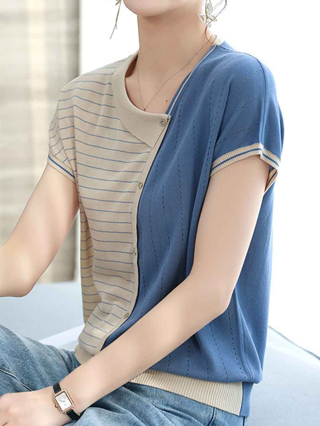 Ella Loose Asymmetrical Collar Color-Blocked Top