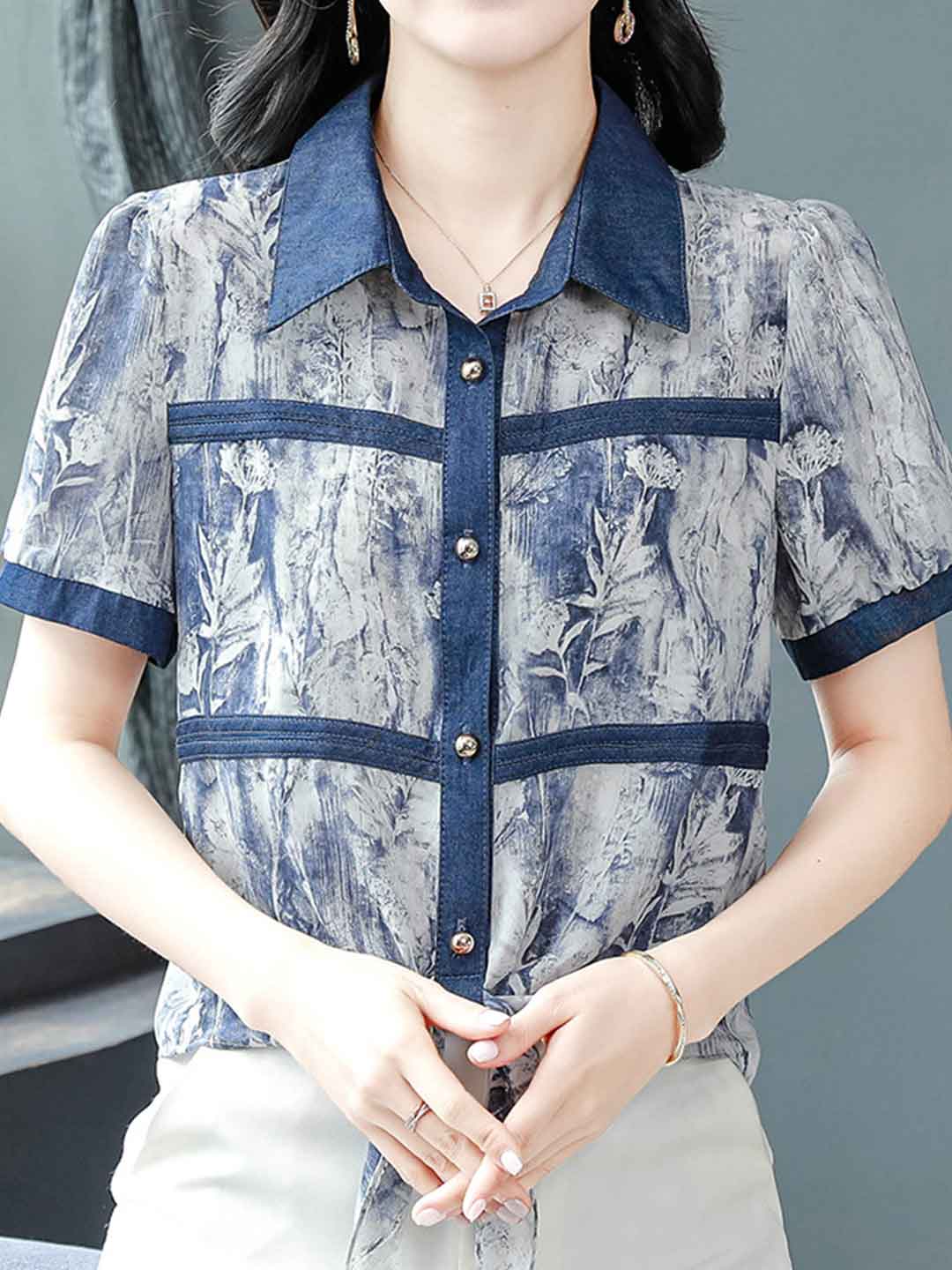 Sophie Classic Polo Printed Denim Chiffon Shirt