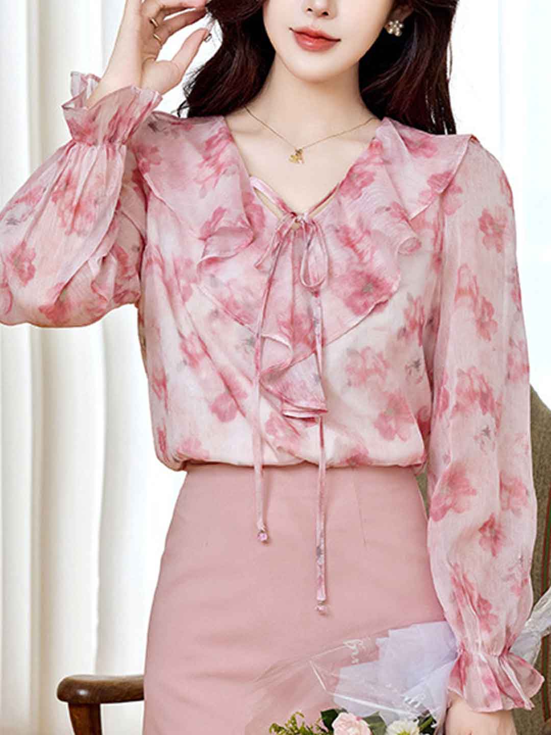 Avery Elegant V-Neck Flared Sleeve Printed Top