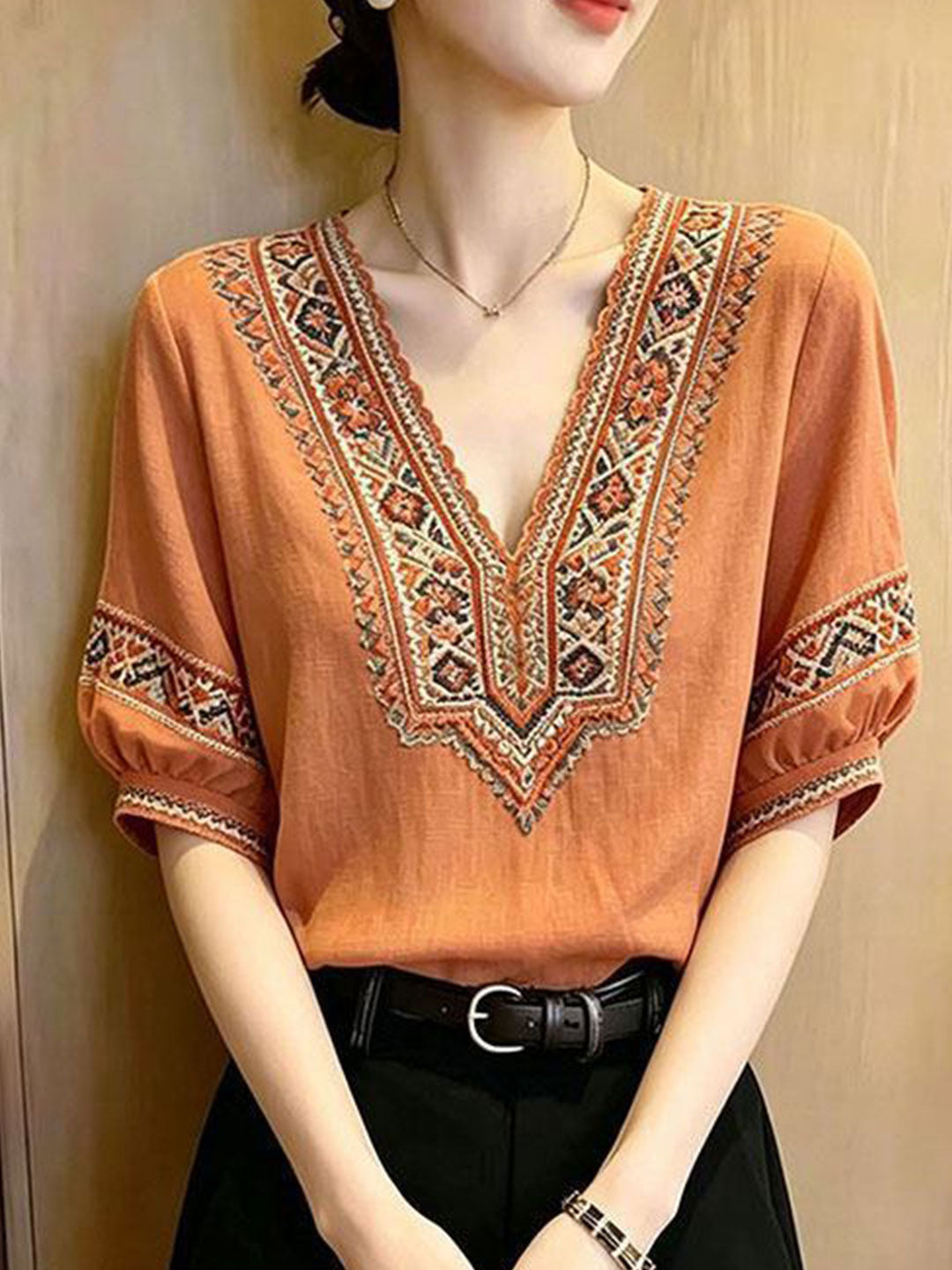 Kaylee Elegant V-Neck Embroidered Top
