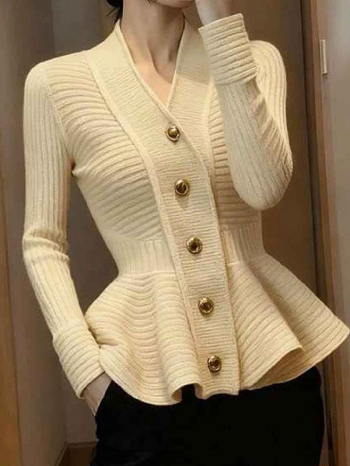 Ella Slim V-Neck Waisted Solid Color Knitted Sweater