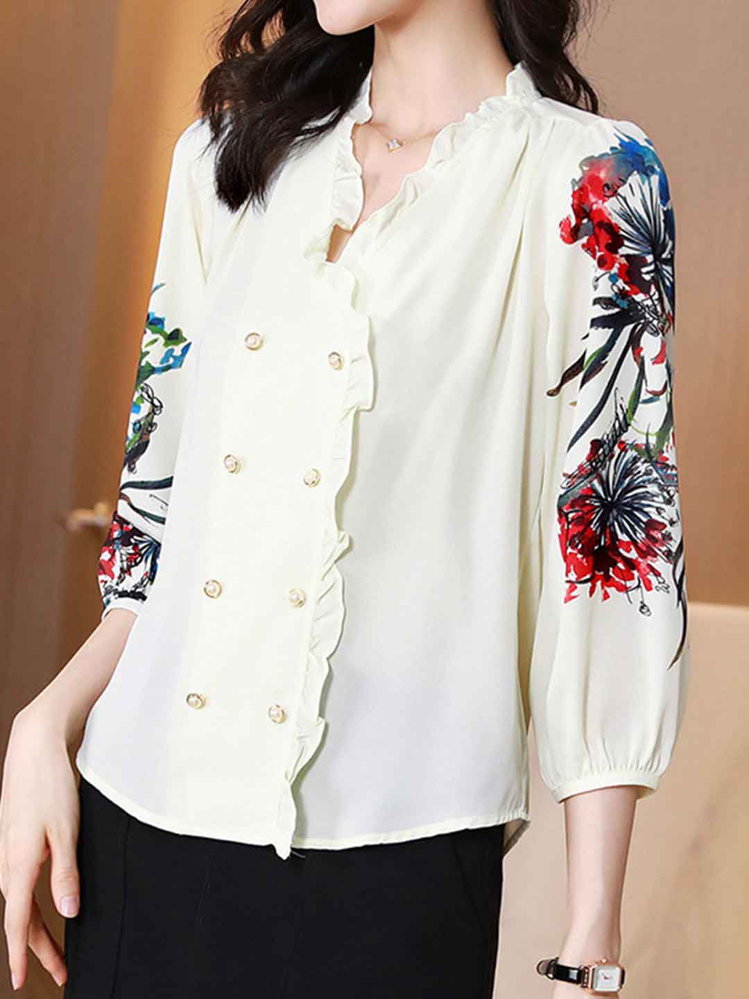 Layla Classic Auricular Collar Printed Chiffon Blouse