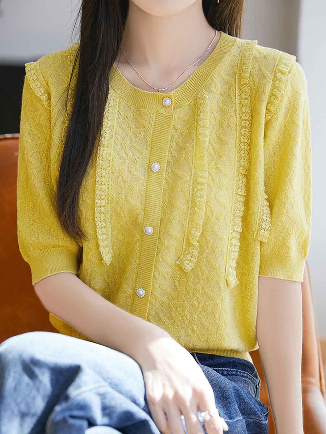 Paige Classic Crew Neck Solid Color Lace Knitted Top
