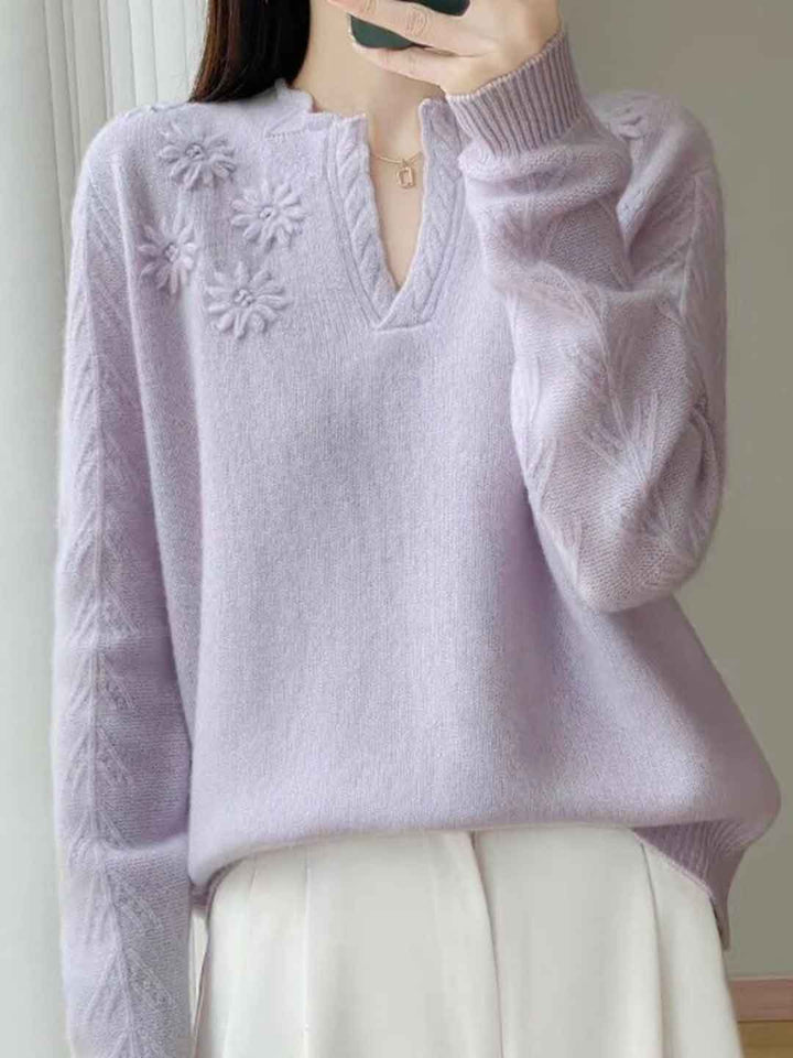 Kaylee Retro V-Neck Embroidered Floral Knitted Sweater
