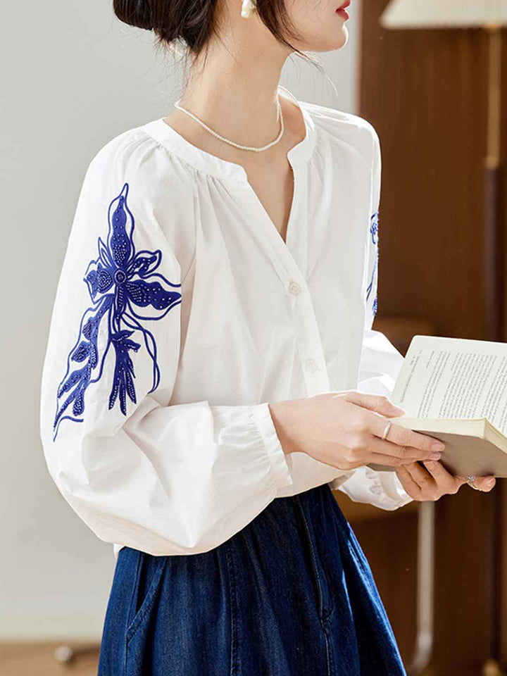 Olivia Loose V-neck Lantern Sleeve Embroidered Top