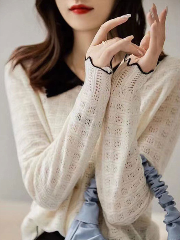 Kayla Retro Contrast Color Doll Collar Knitted Top-Black