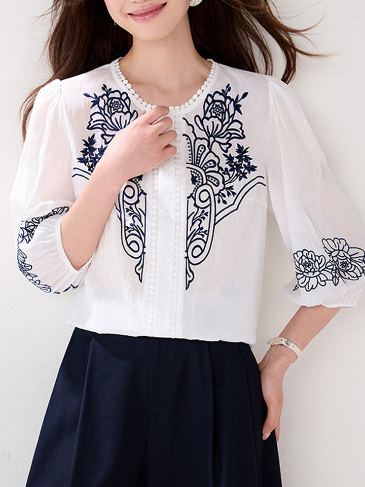 Elizabeth Retro Crew Neck Embroidered Linen Blouse