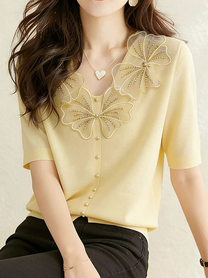 Trinity Daily V-Neck Beaded Lace Flower Top