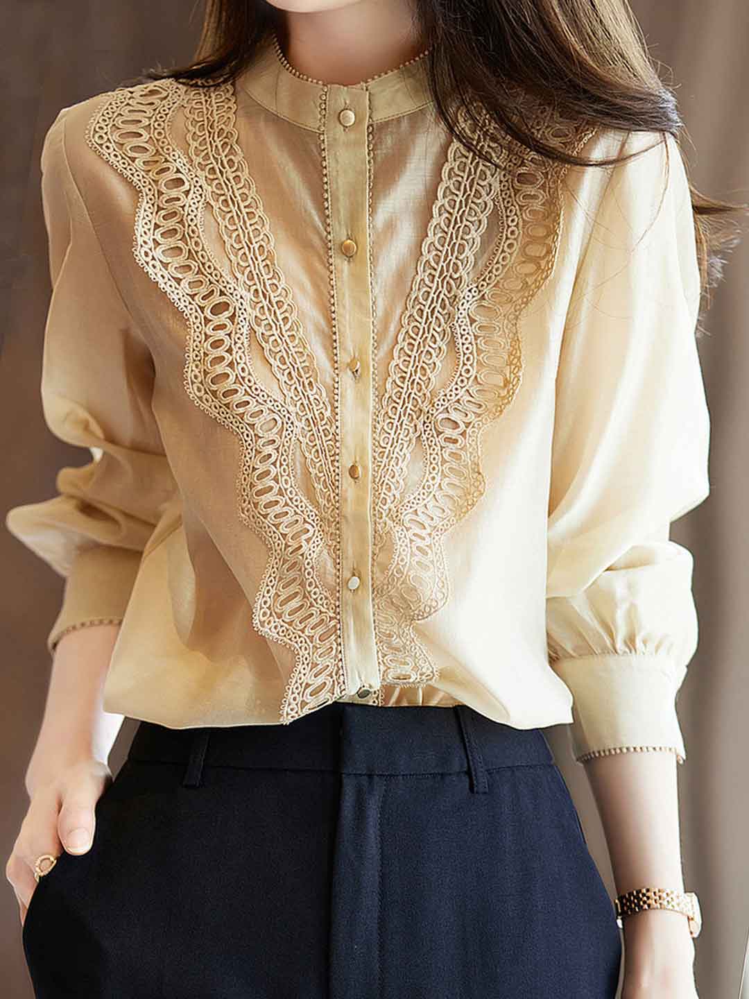 Evelyn Classic Stand-Up Collar Lace Trim Top