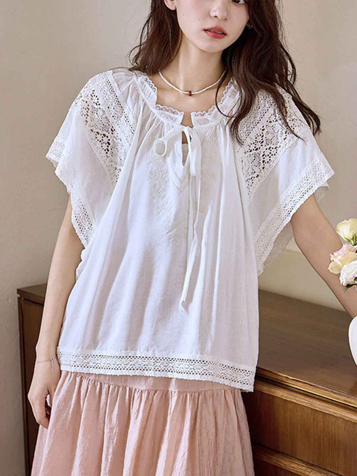 Jessica Chic Lace Embroidered Hollowed Tie Shirt