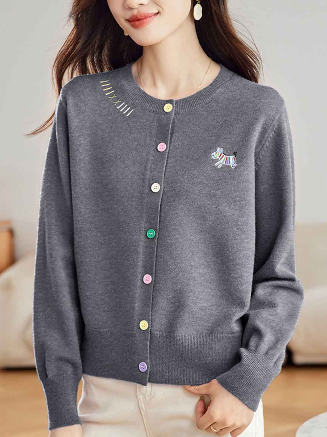 Camila Loose Crew Neck Embroidered Colorful Buttons Knitted Cardigan