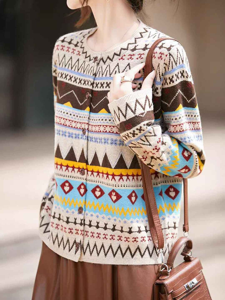 Sofia Classic Crew Neck Jacquard Knitted Cardigan