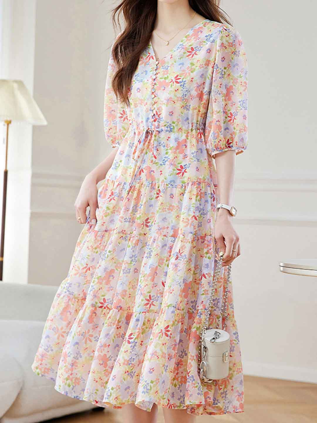 Anna Elegant V-Neck Waisted Floral Dress