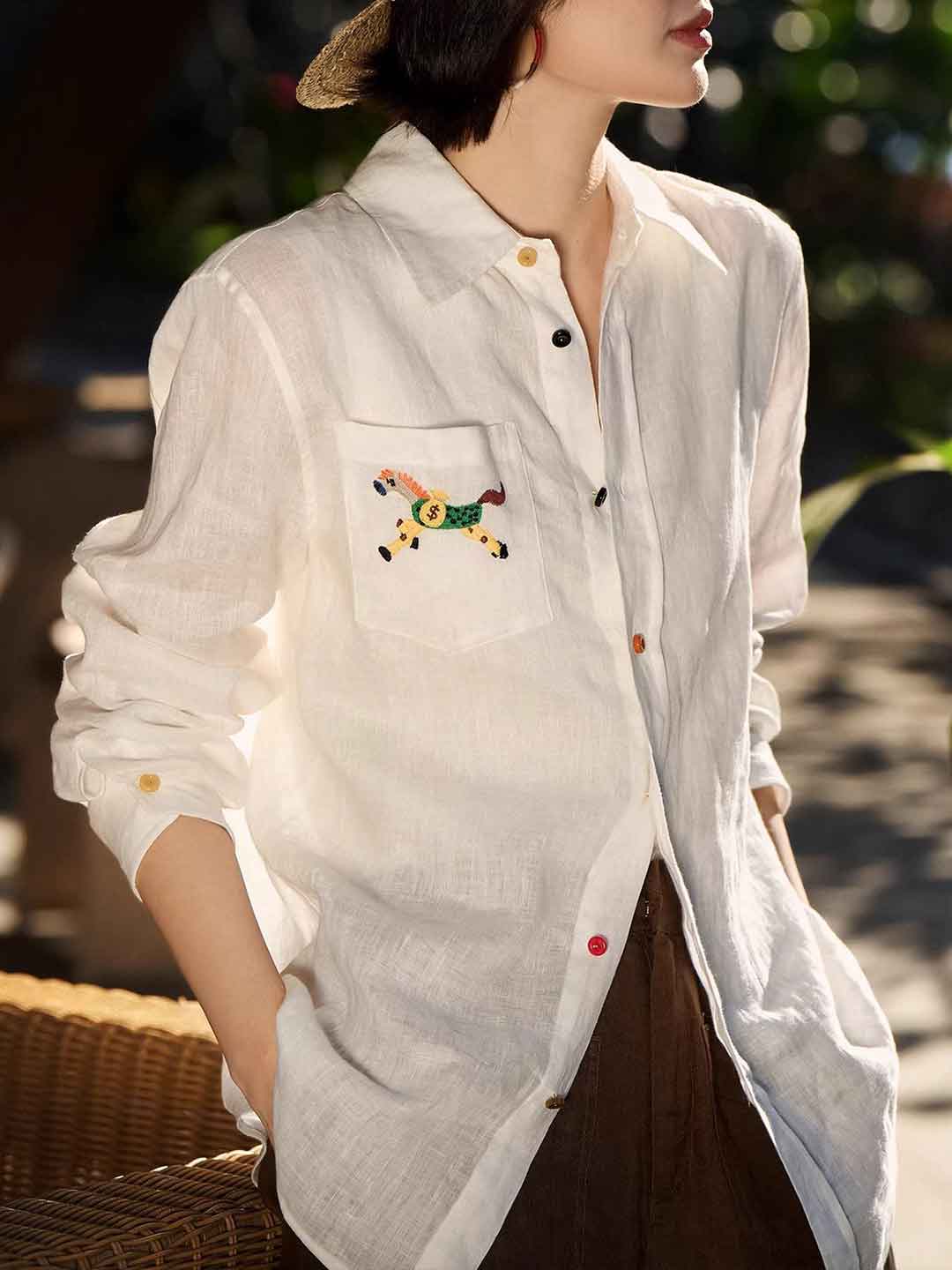 Ava Casual Lapel Embroidered Linen Shirt