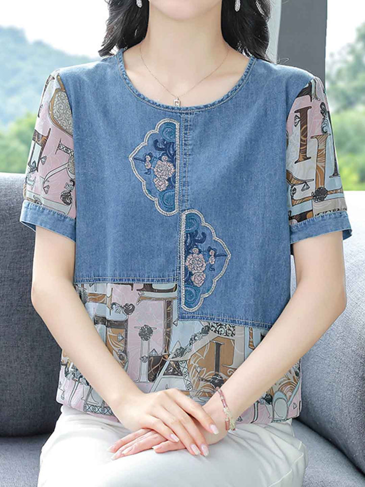 Olivia Loose Crew Neck Embroidered Denim Patchwork Top