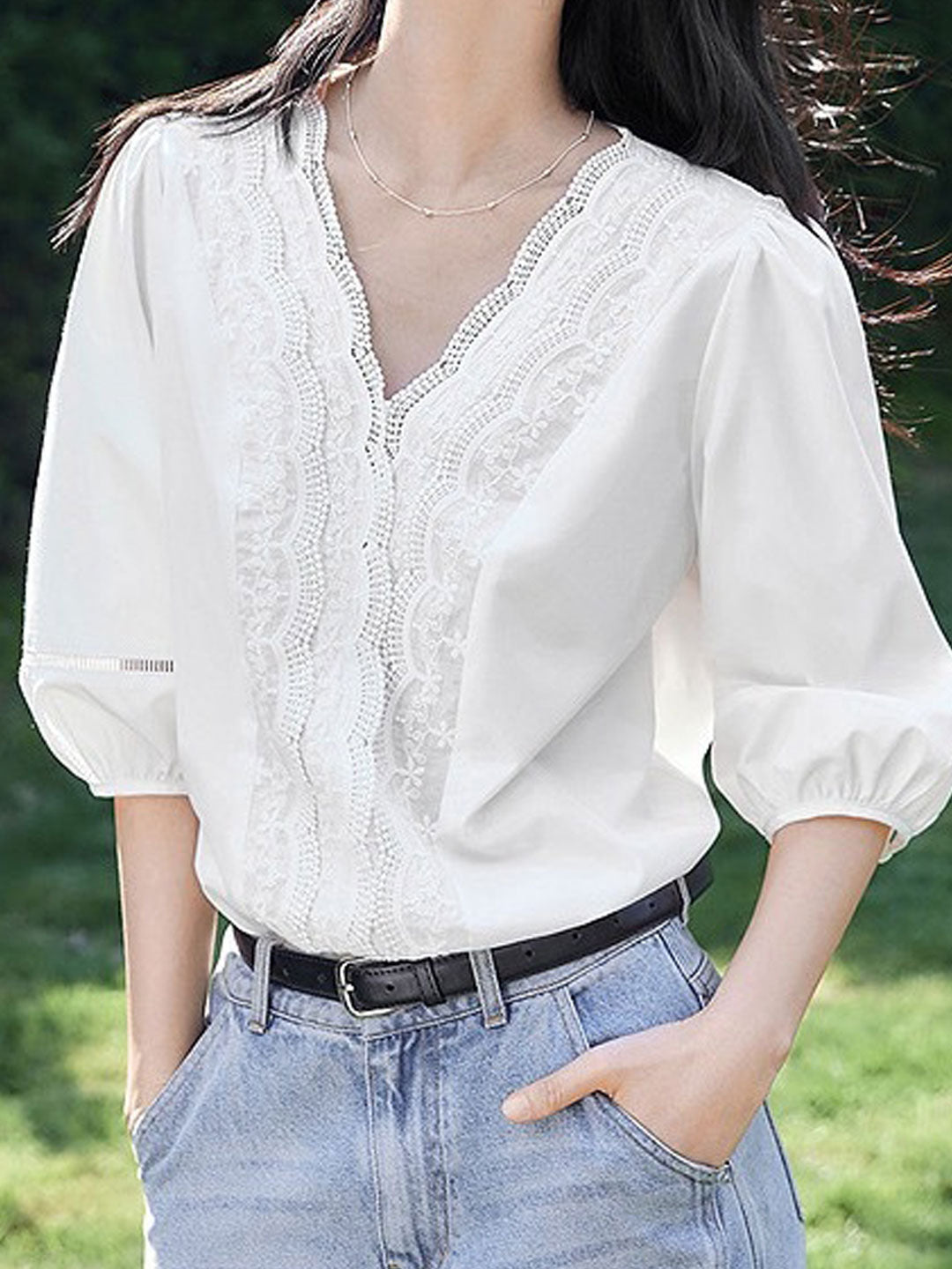 Sofia Vintage V-Neck Lace Patchwork Top