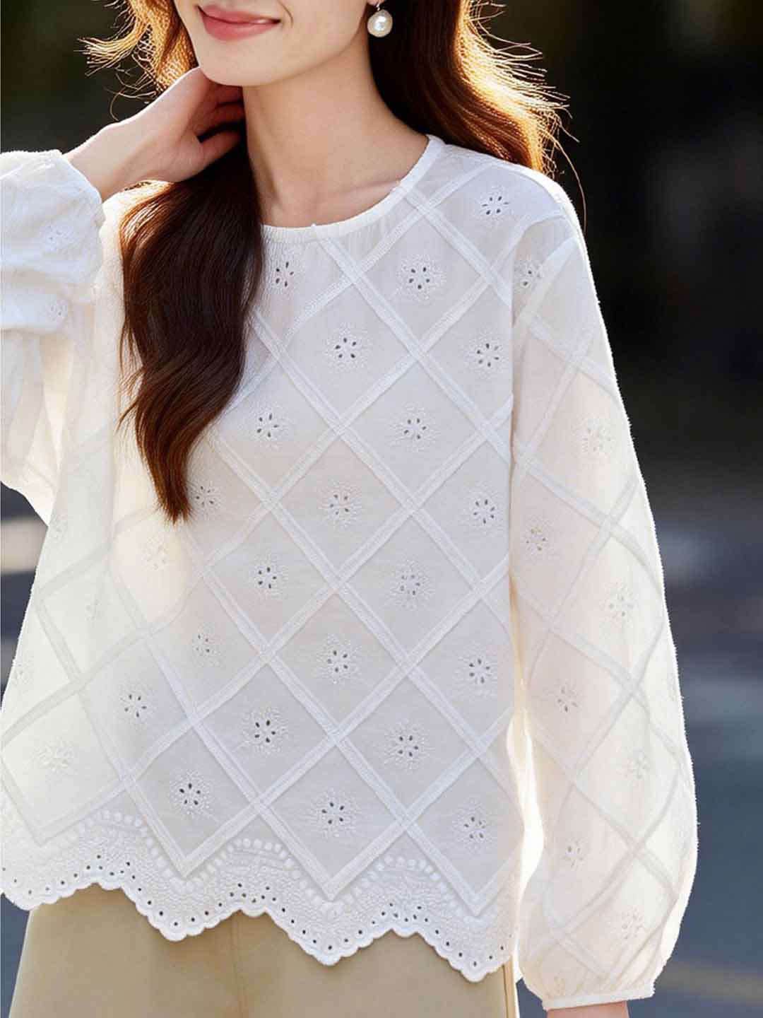 Madison Casual Crew Neck Embroidered Hollowed Blouse