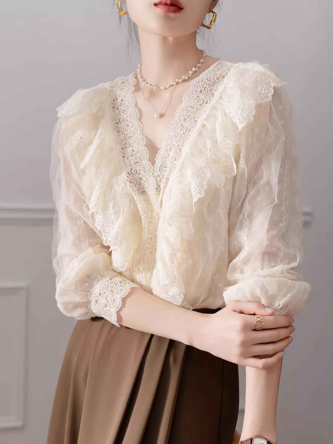 Mia Elegant V-Neck Ruffled Lace Blouse