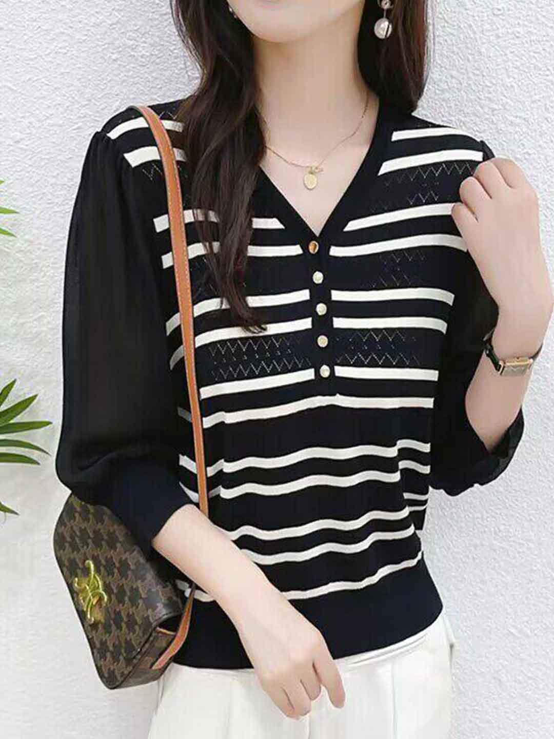 Avery Loose V-Neck Striped Chiffon Top