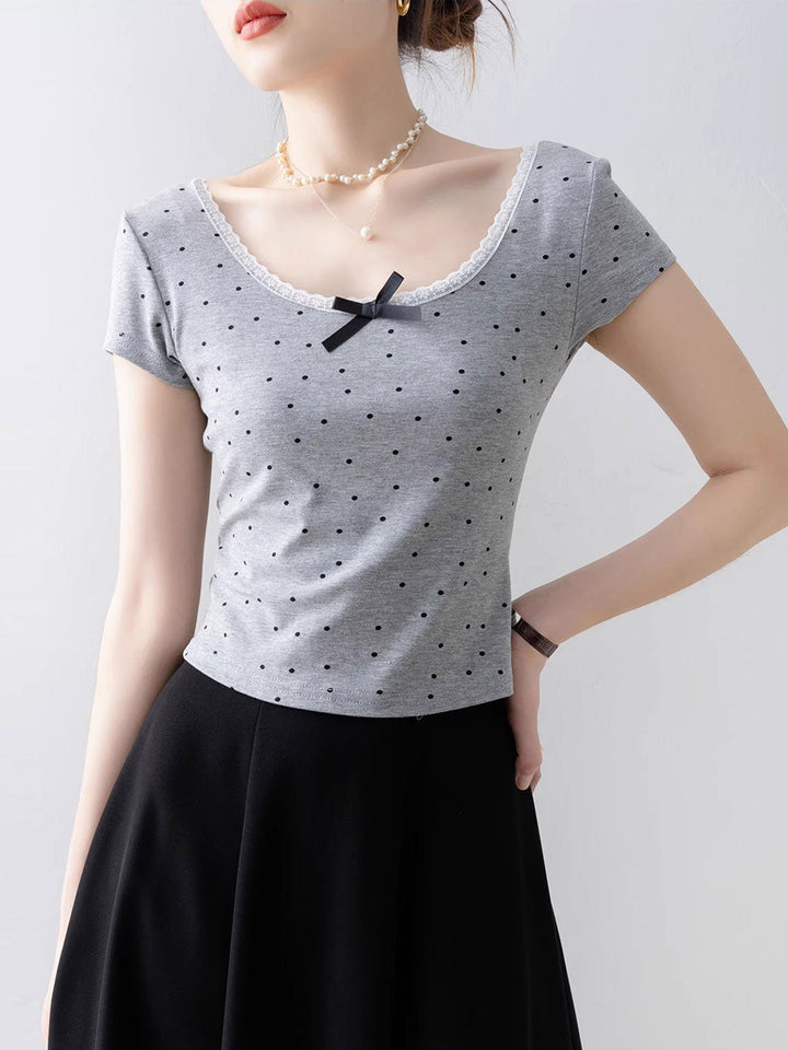 Molly Classic Square Neck Polka Dot Lace Bow Top