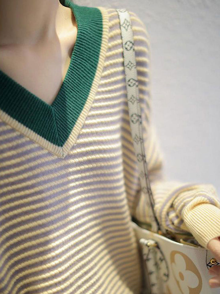 Morgan Casual Color-Blocked Striped Pullover Knitted Top