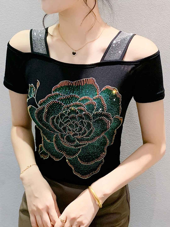 Lily Slim Off-The-Shoulder Mesh Rhinestone Top