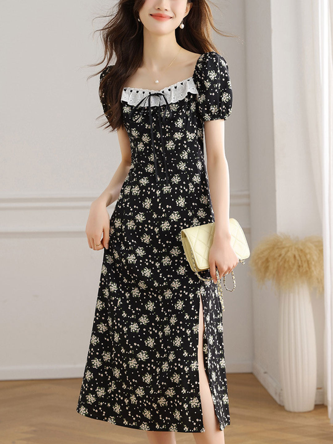 Ariana Vintage Square Neck Puff Sleeve Printed Dress – Smile just love