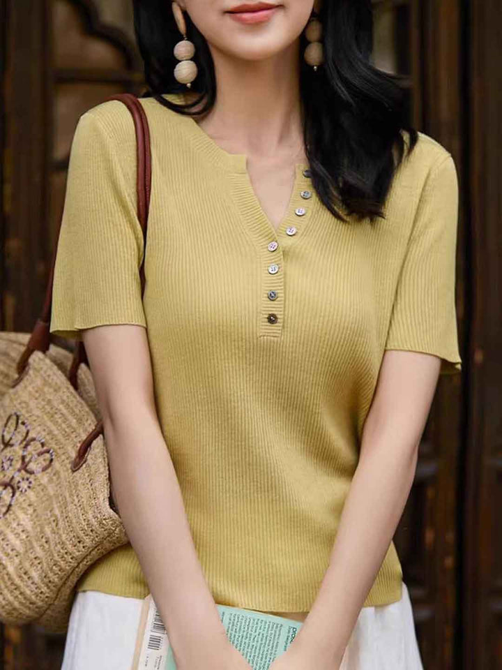 Lily Slim V-Neck Buttons Solid Color Top