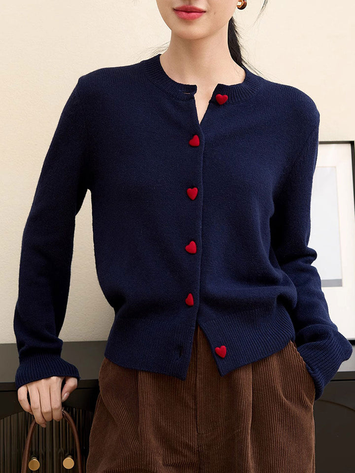 Raya Elegant Crew Neck Heart Button Knitted Cardigan