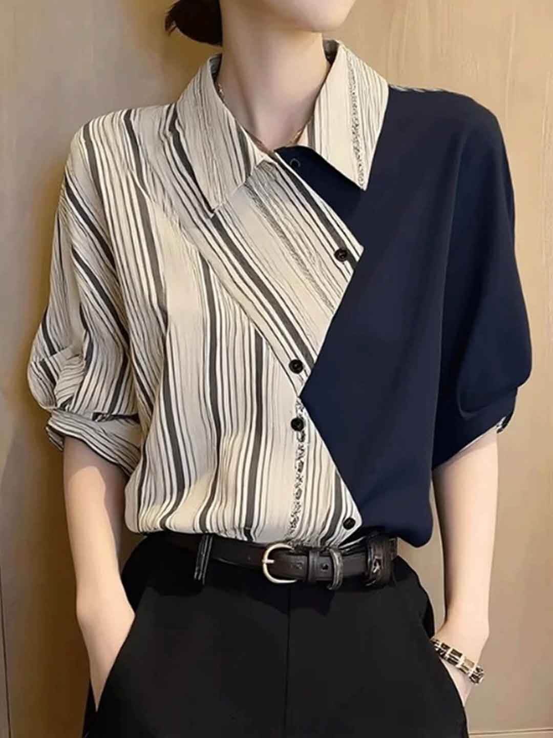 Sophia Classic Lapel Color-Blocked Striped Shirt